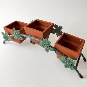 Vintage Arched Metal Plant Stand Vine Leaves Berries w/3 Terracotta Pots